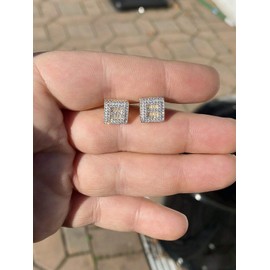 Real Solid 925 Sterling Silver - Men's Square Baguette Earrings - 14k Yellow Gold Plated - Iced CZ 10mm (3/8") Earrings Screw Backs - Flooded Out Aretes