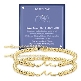 AINILOVE 2Pcs Matching Wave Bracelets for Couples Pinky Promise Bracelet for Girlfriend Boyfriend Wife Soul Sister Best Friends Long Distance Relationship Gifts for Her Him (Gold-Wave)