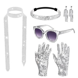 5 Pack Disco Accessories for Women, 70s 80s Disco Outfits Women, Disco Glasses Bling Sunglasses Long Scarf Necklace Earrings