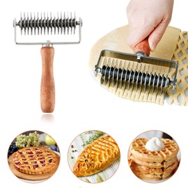 Stainless Steel Dough Lattice Top Cookie Pie Pizza Bread Pastry Crust Roller Cutter Holder Wooden Handle, Lattice Dough Cutter for Fishnet Crust