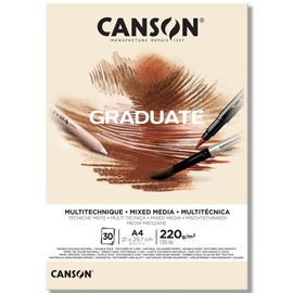 CANSON Graduate Mixed Media 220gsm A4 Paper, Double Sided: Grained And Smooth, Pad Glued Short Side, 30 Natural Sheets, Ideal for Student Artists