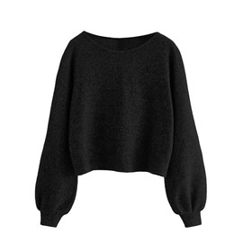 SweatyRocks Women's Casual Crewneck Raglan Long Sleeve Ribbed Knit Crop Top Cropped Sweater Pure Black L