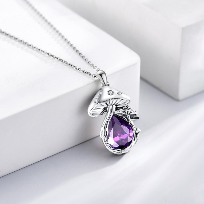 Birthstone Mushroom Necklace 925 Sterling Silver Mushroom Pendant Mother's Day