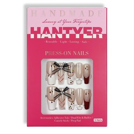 Hantyer Ballet Press On Nails Long Coffin,French Red White Fake Nails Tips with Cherry Checker Design, 3D Bow Retro Cute Cat Eye False Nails for Sweet Edgy Daily Style 10PCS Nails with Tools Kits(L)