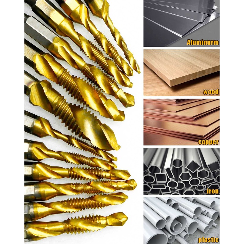 13 Pcs Titanium Combination Drill and Tap Bits Set, SAE/Metric