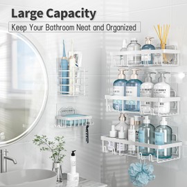 Liuoud 5 Pack Shower Caddy Organizer Rack Shelf for Inside Shower, Self Adhesive Wall Storage Basket Rustproof Stainless Steel Shampoo Holder Bathroom Accessory Decor Set, White