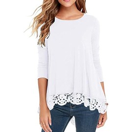 QIXING Womens Tops Lace Hem Long Sleeve Crew Neck Shirts A Line Tunic Blouse for Women UK (A10 Long Sleeve White, L)