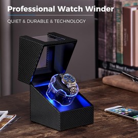 ANWBROAD Watch Winder for Automatic Watches, Single Watch Winder with with Next Generation LED Crystal Cup and Super Quiet Motor, Rotating Watch Case with Ultra Silent Motor, 4 Modes Battery or USB