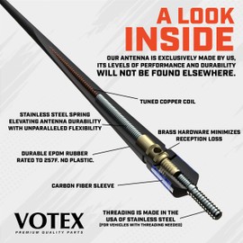 Votex - The Spartan - 13 3/4 Inch Rubber Antenna fits Ford F-150 | F-250 | F-350 | F-450 | F-550 - USA Stainless Steel Threading - Blue Carbon Fiber Trim - Tuned Internal Copper Coil