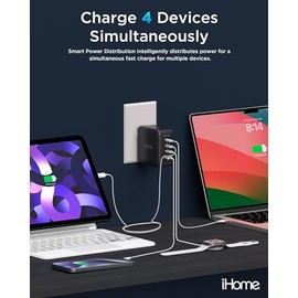 Cargador iHome 140W GAN: Cargador Universal para Laptop de Cuatro Puertos con (3) Puertos USB-C Power Delivery y (1) Puerto USB-A, Cargador de Pared C