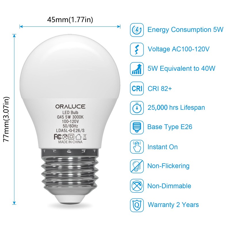 ORALUCE A15 LED Bulb 5 Watts Warm White 3000K,40W Equivalent