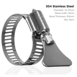 YoiYee 14-27mm Hose Clamp, 304 Stainless Steel Adjustable Pipe Clip with Thumbscrew, Butterfly Type Metal Worm Drive Ducting Strap for Securing Gas/Fuel Line, Pack of 4