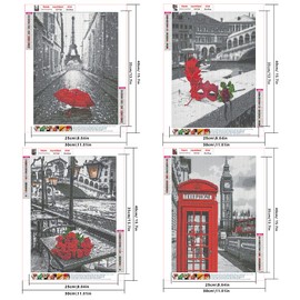DCIDBEI 4 x Diamond Painting Landscape 30 x 40 cm Diamond Painting Eiffel Tower Diamond Painting London Bus Diamond Painting Venetian Mask Cross Stitch Landscape Bridge Rialto Bridge Ponte di Rialto