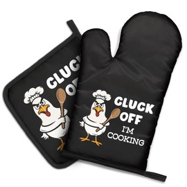 DYJYBMY Cluck Off I'm Cooking Funny Oven Mitts and Pot Holder Set, Kitchen Gadgets for Bake Lovers, Chicken Lover Gifts, Humor Novelty Housewarming Baking Kitchen Gifts for Women Men Dad Chef Friend