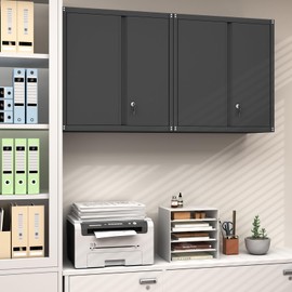 GREATMEET Metal Wall Storage Cabinet with Locking Doors,Wall Mounted Garage Storage Cabinets with 1 Adjustable Shelf and 2 Doors,Steel Cabinet for Garage Office and Home,Black