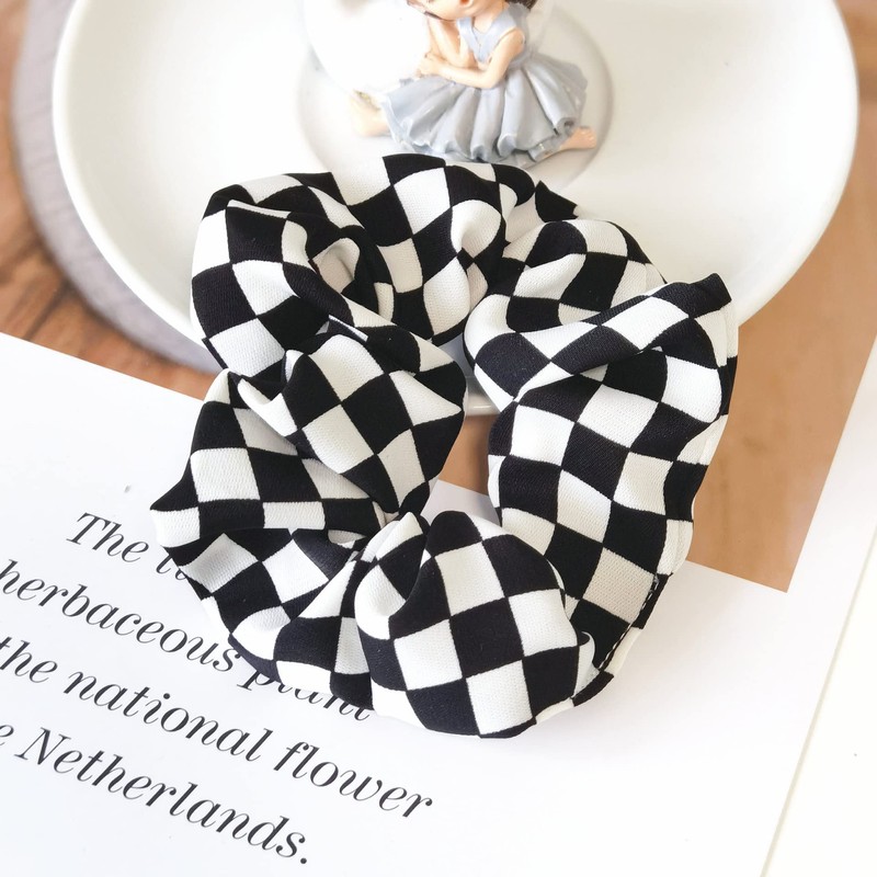 Checkered Plaid Hair Scrunchies Black White Checkerboard BW17 (Black White