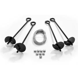 Ashman Ground Anchor with 50 Feet of Galvanized Wire with Clamps – Ideal for Securing Animals, Tents, Canopies, Sheds, Car Ports, Swing Sets; Powder-Coated Solid Steel Auger – Pack of 4