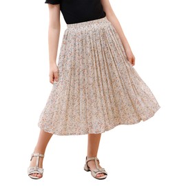 GORLYA Girls Chiffon Pleated Elastic High Waist A-Line Boho Swing Maxi Long Skirt 4-14T (GOR1115,14Y,BeigeFloral)