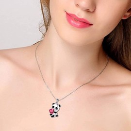 Yienate Panda Crystal Necklace Choker Silver Panda White Heart Crystal Bear Pendant Necklace Chain Panda Love Necklace Charm Cute Animal Crystal Jewellery Gift for Women Girls, Metal Material