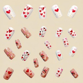 Valentines Press on Nails Short Square Fake Nails Rose Designs Glossy False Nails Full Cover Valentines Colorful Heart Love Acrylic Nails Full Cover Stick on Nails for Women Nail Art DIY 24 Pcs