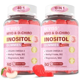Myo-Inositol & D-Chiro Inositol Gummies for Women 2000mg + 50mg, 40:1 Ratio Inositol with Vegan Omega-3 + D3, Magnesium Glycinate, Methyl Folate + B12 for Female Health & Wellness, Sugar Free, 120 Cts