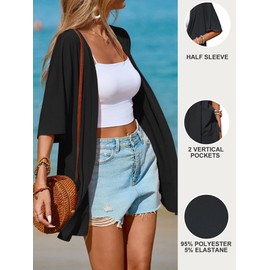 Famulily Black Summer Beach Cover ups for Ladies Short Sleeve Women's Loose Comfy Kimono Cardigans (S, Black)