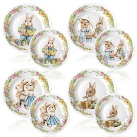 LOYIM 8 Pcs Easter Bunny Salad Plates 8 Inch 10 Inch Dessert Plates Assorted Designs Multicolored Ceramic-like Plates Easter Bunny Dinnerware for Easter Gift, Salad, Appetizer(Cute)