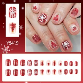 Vopintpy Short Christmas Press on Nails - Glitter Red Christmas Tree Fake Nails, Glossy Square Xmas Glue on, Winter Acrylic Stick on for Women