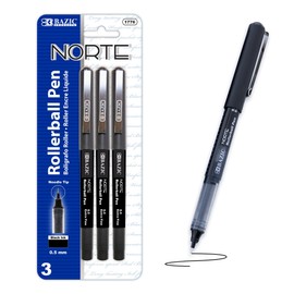 BAZIC Norte Rollerball Pen 0.5mm Black Color Needle Point, Regulator Flowing Liquid Ink Pens, Rolling Ball Pens Smooth Writing (3/Pack), 1-Pack