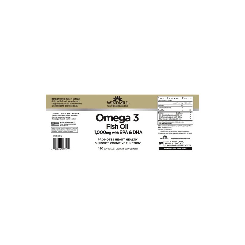 Omega 3 1000mg EPA DHA Sin Sabor Windmill 180 Cápsulas