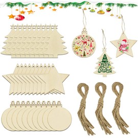 AFASOES Pack of 30 Wooden Pendants Christmas Tree Discs Crafts with 30 String Natural Wood Discs Christmas Wooden Stars Christmas Tree Pendant for Painting Christmas Tree Decoration Wood for Christmas
