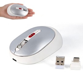 KUYHRF Dual Mode Wireless Bluetooth Mouse - USB-C & USB-A Receiver, Rechargeable Silent Click for Laptop, Tablet, PC - Perfect for Students & Professionals, Travel-Friendly (White)