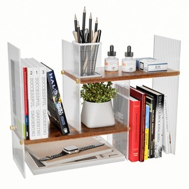 BYCY Double H Display Bookshelf Desktop Organizer Office Storage Rack Desk Expandable Wood Display Shelf with Acrylic Side Board Free Style Display Adjustable Stackable for Home Office (Black Brown)