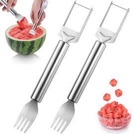 Watermelon Fork Slicer Cutter, 2-in-1 Stainless Steel Fruit Cutter Dual Head Fruit Forks Slicer Knife New Portable Melon Cube Cutter Watermelon Cutting Fork Tool for Home Party Camping Kitchen (2 Pcs)
