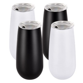 4 Pack Stemless Double Insulated Champagne Flute Tumbler with Lid, 6 Oz Unbreakable Reusable Cocktail Cups Champagne Toasting Glasses, Birthday Christmas Gift for Friends Family, Black and White