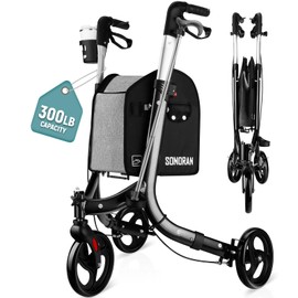 SONORAN 3 Wheel Walkers for Seniors – Foldable Rollator Walker with Cane Hold and Cup Holder, Basket Bag, Adjustable Lightweight Three Wheeled Adult Walkers for Seniors, Black