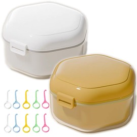 2Pcs Portable Leak Proof 3 Layer Denture Retainer Case with Aligner Removal Tool Travel Friendly Storage Box for Braces Mouth Guards Home Office Organizer(White Yellow)