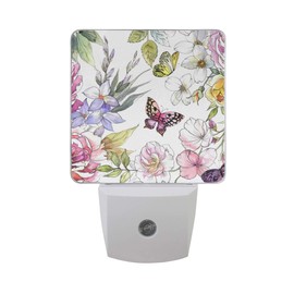 2 Pack Plug-in LED Night Light Lamp Watercolor Flowers and Butterflies Printing with Dusk to Dawn Sensor for Bedroom, Bathroom, Hallway, Stairways, 0.5W