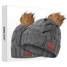 ASIILOVI Bluetooth Beanie, Double-Layer Wool Lining Bluetooth Hat Beanie with Pom Pom for Women/Teen Girls/Family, 20hrs Playing, Gift Packaging for Christmas Stocking Stuffers Thanksgiving (03-Gray)