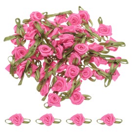 MECCANIXITY 30 Pcs Dark Pink Mini Ribbon Bows Roses 5/8"x1-3/16" Tiny Satin Bows Roses for Sewing Appliques Crafts Little Artificial Flowers