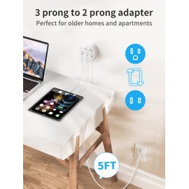 NTONPOWER 2 Prong Power Strip, 1875W/15A, 180° Rotating Plug, Two Prong Power Strip, 2 Prong to 3 Prong Outlet Adapter, 3 Outlets 2 USB, Extension Cord 6 feet, Ideal for Old House