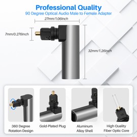 90 Degree Optical Fiber Digital Extension Adapter 2 Pack, Right Angle Toslink Optic Audio Male to Female S/PDIF Connector Converter L-Shape Extender Compatible for Sound Bar, Home Theater