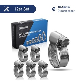 GARSIDURO® Pack of 12 Professional Hose Clamps, 10-16 mm, Made of Stainless Steel in W4 Quality, DIN3017, 9 mm Bandwidth - High Quality V2A Hose Clamps for Garden Hoses, Cars, Motorcycles, Aquariums