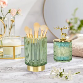 Tonxus Glass Makeup Brush Holder and Qtip Holder Set,Cute Apothecary Jars with Lids,Bathroom Toothbrush Holder Set,Green Makeup Brush Storage Organizer for Cotton Swabs,Balls,Bath Salts (M1)