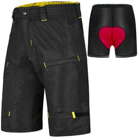 Urban Cycling Apparel The Single Tracker - Pantalones cortos para bicicleta de montaña con bolsillos con zíper, conjunto con forro interior, Black/Yellow - With Undershorts, Medium