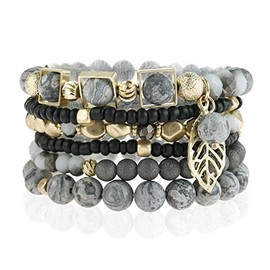 RIAH FASHION Bohemian Beaded Multi Layer Versatile Statement Bracelets - Natural Stone Leaf Charm Stackable Stretch Strand Bangles (Black)