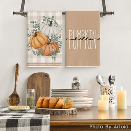 Artoid Mode Eucalyptus Leaves Hello Pumpkin Fall Kitchen Towels Dish Towels, 18x26 Inch Seasonal Give Thanks Decoration Hand Towels Set of 6