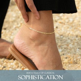 KISPER Gold Ankle Bracelets for Women, 18K Gold Plated 925 Sterling Silver Anklets, Waterproof Tarnish Resistant, Figaro Link Chain, 9 inches