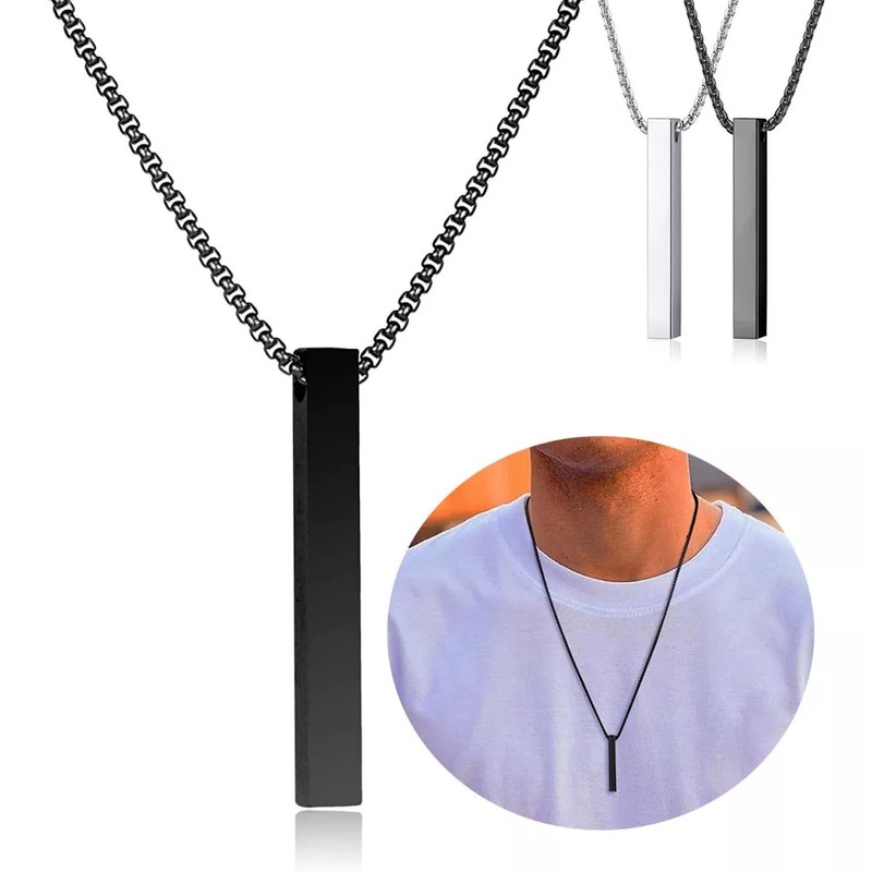 Collar para hombre con Colgante Rectangular Barra Cilindro Prisma Acero