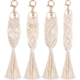 Syhood 4 Pieces Mini Macrame Keychains Boho Macrame Bag Charms with Tassels Handcrafted Accessory for Car Key Purse Phone Supplies, Beige